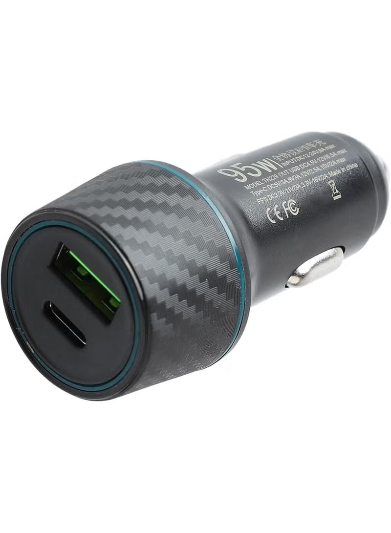 Suuonee شاحن سيارة ثنائي المنافذ للشحن السريع USB PD بقوة 95 واط، بتصميم من ألياف الكربون، مزود بمحول ولاعة سجائر للسيارات والشاحنات - Image 2